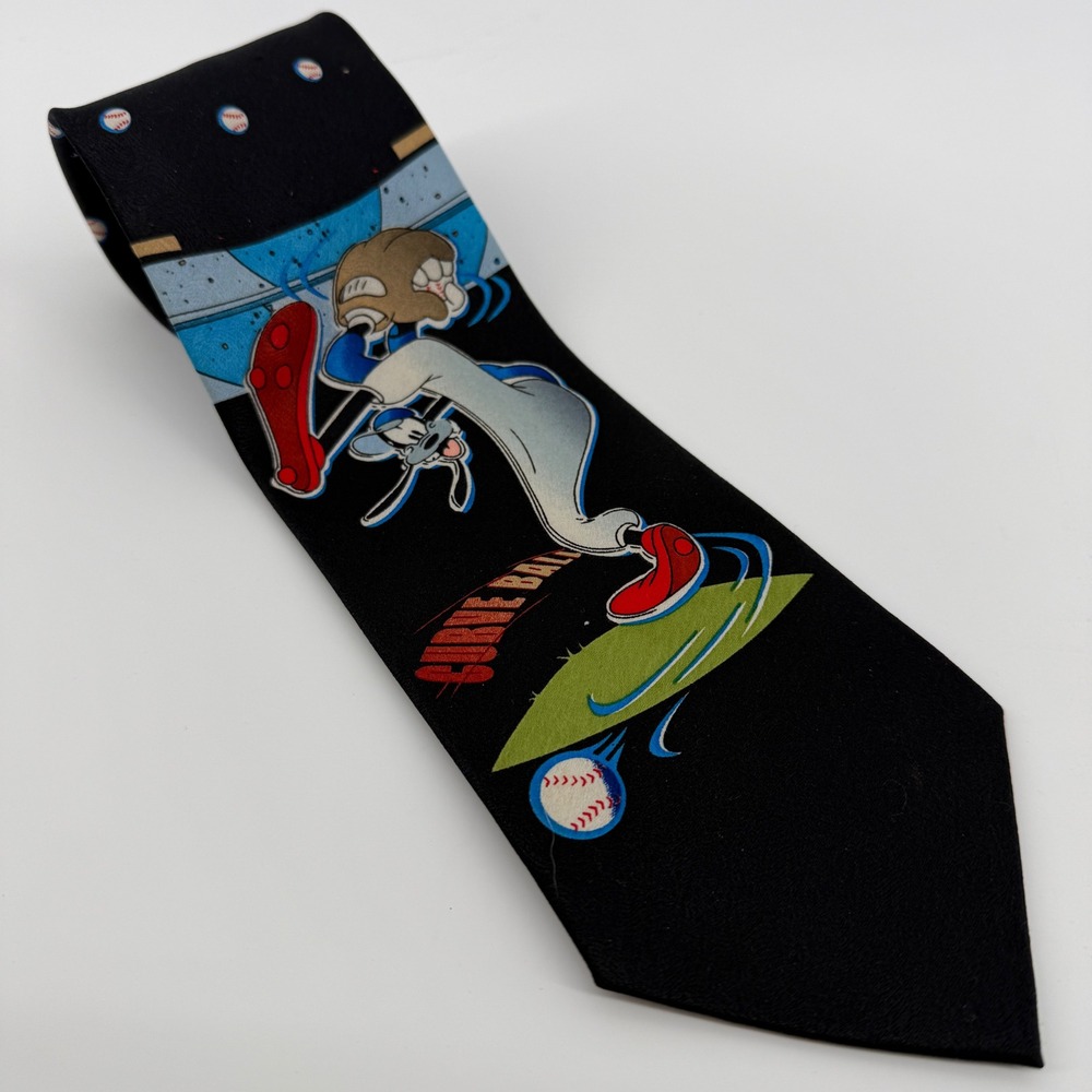 Mickey Unlimited Goofy Baseball Curve Ball Tie Mens Black Novelty‎ Vintage 90s